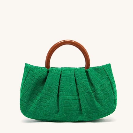 Top Handle Ruched Bag, Green Jacquard Fabric Handbag, Women's Elegant Clutch Purse (9.84*6.3*2.36) Inch