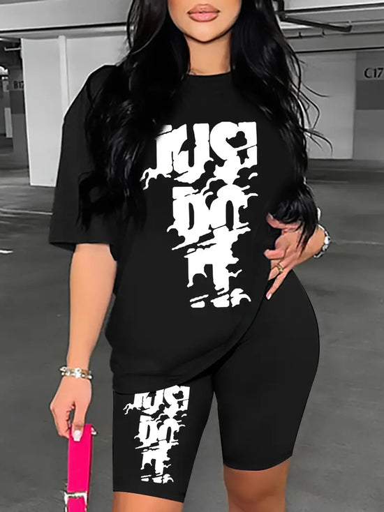 JUST DO IT Letter Print Two-piece Set For Summer & Spring, Short Sleeve Crew Neck Drop Shoulder Casual Top & Shorts