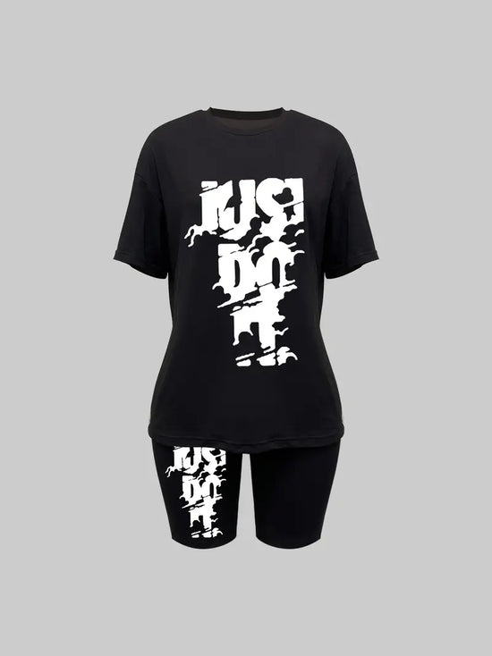 JUST DO IT Letter Print Two-piece Set For Summer & Spring, Short Sleeve Crew Neck Drop Shoulder Casual Top & Shorts