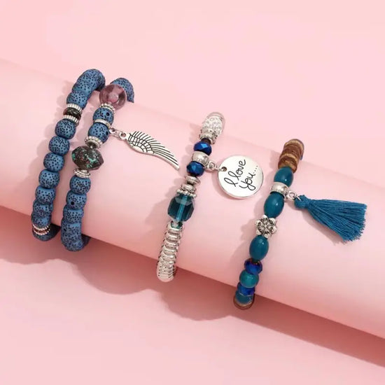 Stylish Blue Beaded Plastic Bracelet (Peacock Blue), 4pcs