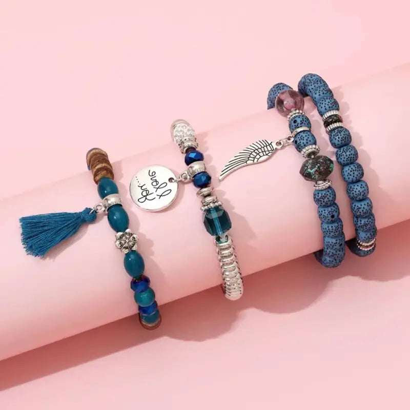 Stylish Blue Beaded Plastic Bracelet (Peacock Blue), 4pcs