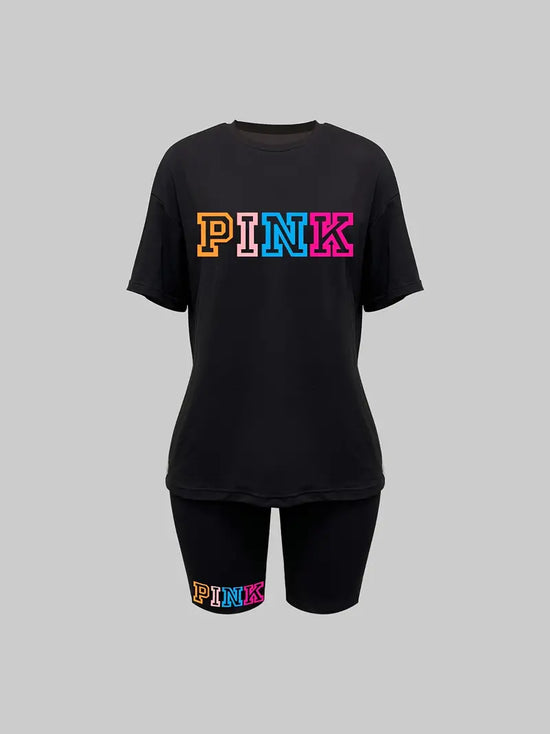PINK Stylish Letter Print Two-piece Set, Crew Neck Half Sleeve T-shirt & Workout Bodycon High Waist Shorts Set
