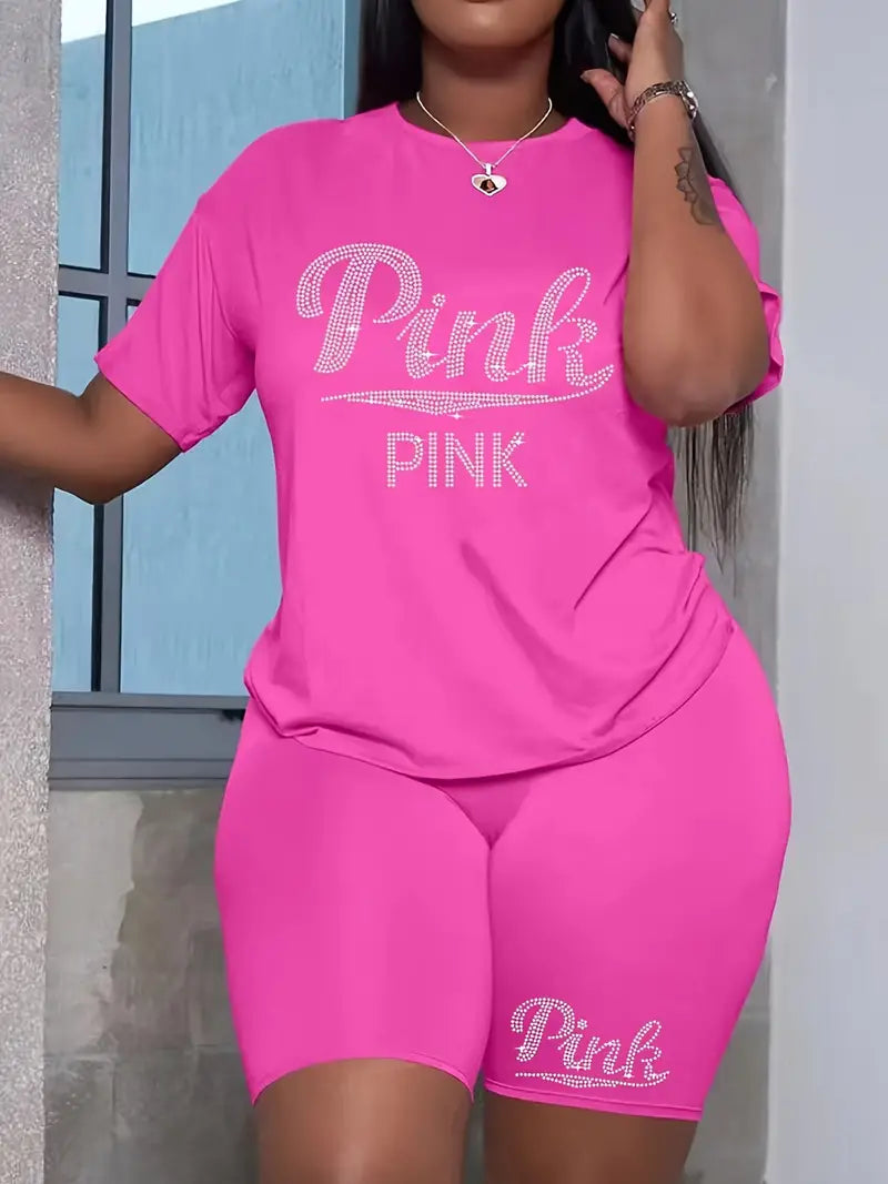 PINK Rhinestone Letter Print Casual Two-piece Set, Crew Neck Short Sleeve T-shirt & Workout Bodycon Shorts Set