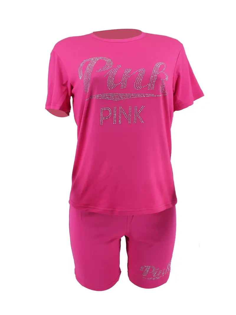 PINK Rhinestone Letter Print Casual Two-piece Set, Crew Neck Short Sleeve T-shirt & Workout Bodycon Shorts Set