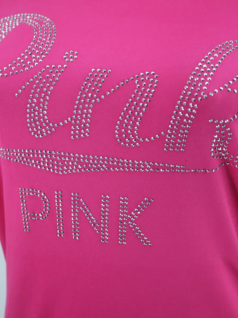 PINK Rhinestone Letter Print Casual Two-piece Set, Crew Neck Short Sleeve T-shirt & Workout Bodycon Shorts Set