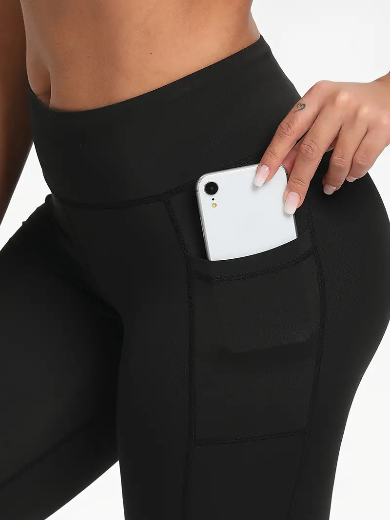 Black High Waist Yoga Leggings, Stretchy Stripes Slimming Fitness Gym Sports Pants with Pockets