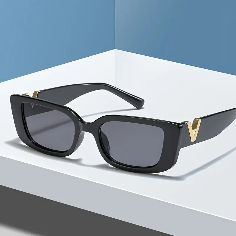 Rectangle Sunglasses for Women Unisex Vintage 90s Y2k UV400 Protection Square Frame Sunnies (Golden V)