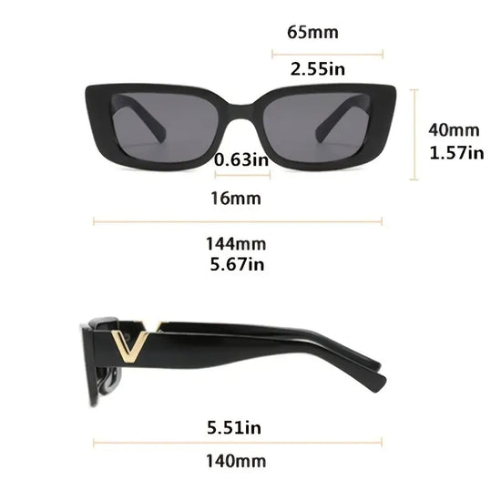 Rectangle Sunglasses for Women Unisex Vintage 90s Y2k UV400 Protection Square Frame Sunnies (Golden V)